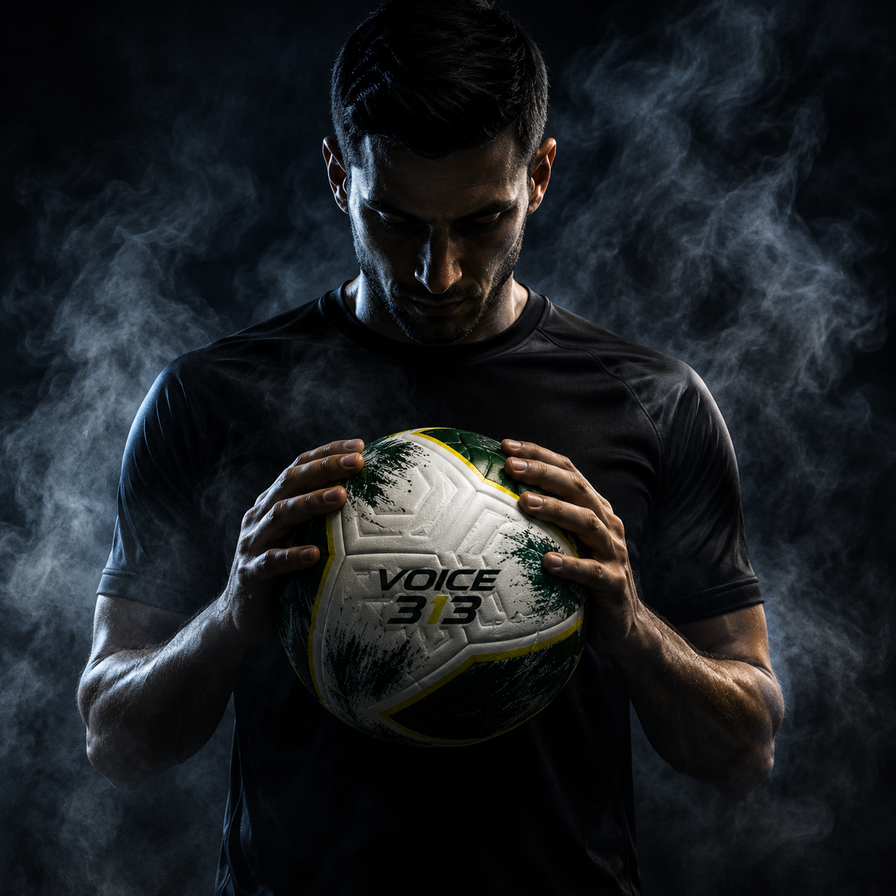 Voice 313 player holding a match football